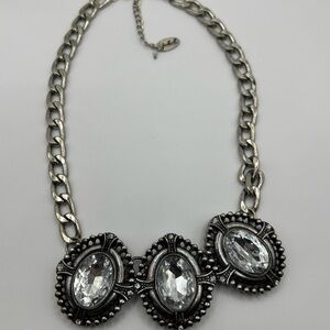 Vintage Jules b Necklace Chunky Silver Tone Bib Chain Clear Oval Crystals